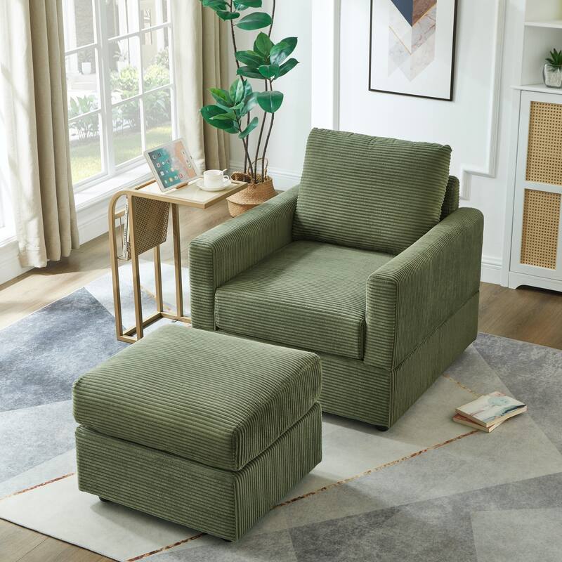 Classic Corduroy Chaise Lounge Chair with Ottoman,Upholstered Sofa Couch Chair for Living Room,Accent Lounge Chair with Armrests - Green