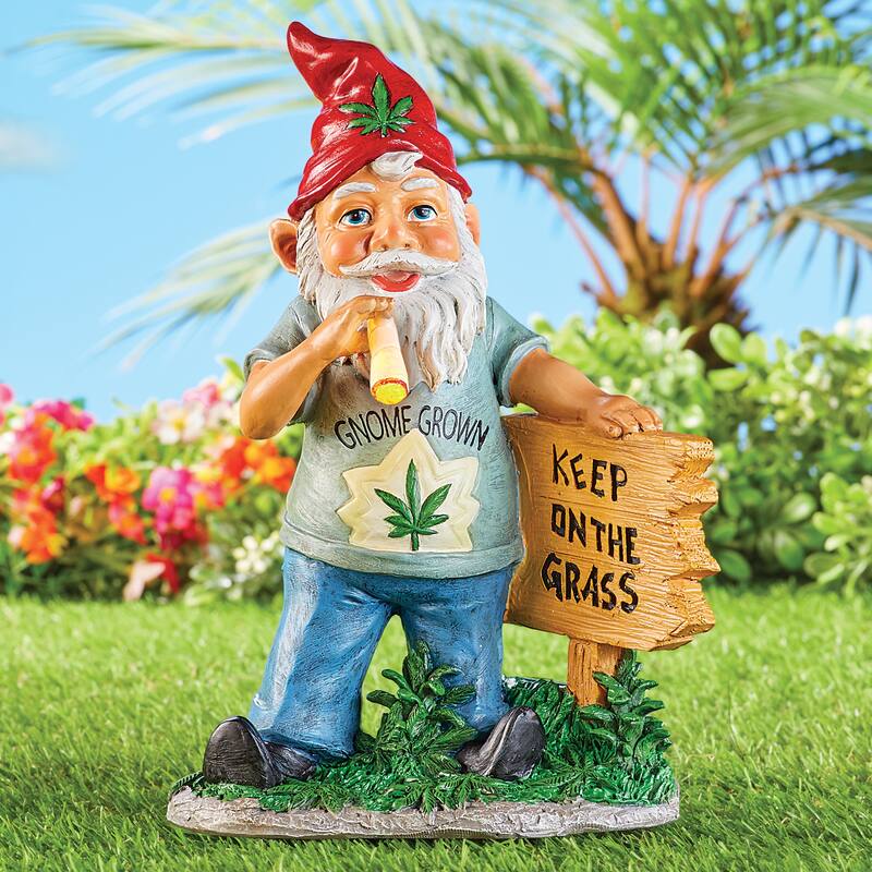 Solar Powered Keep On The Grass Pot Smoking Garden Gnome - NO SIZE