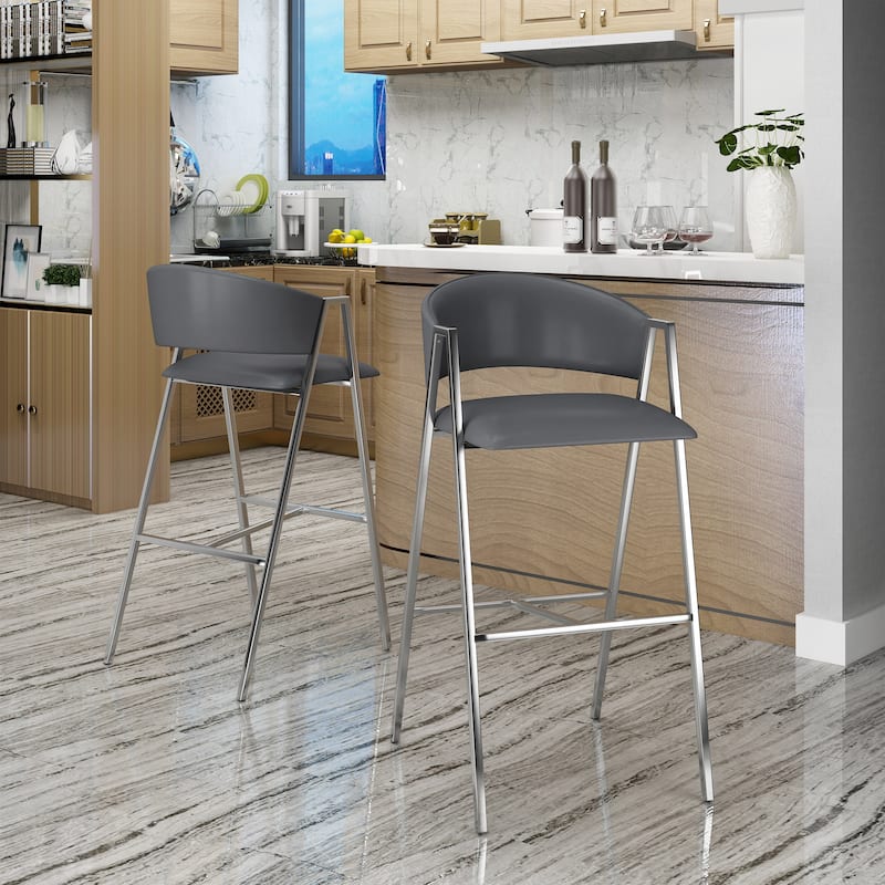 Roomfitters Contemporary Counter Height Metal Bar Stools, Set of 2, Upholstered Footrest Seating, Kitchen Island Chairs - Grey