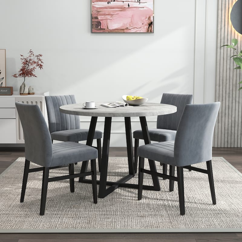 Roundhill Furniture Edo 5-Piece Dining Set, Round Table with 4 Upholstered Chairs,