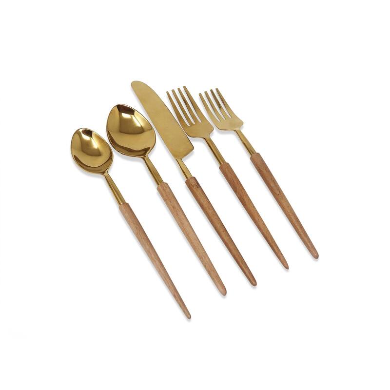 Service for 4 - 20 Pc Flatware Set with Wooden Pointy Handles - Gold