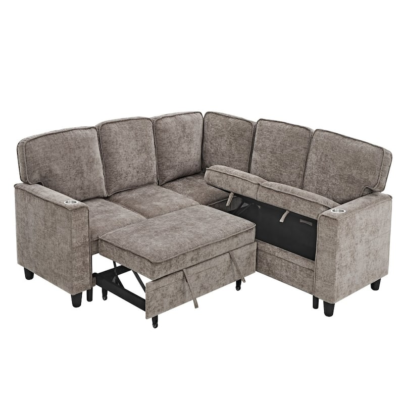 Modern L-shape Sectional Sofa Couch with Pull Out Sofa Bed Storage Seat and USB