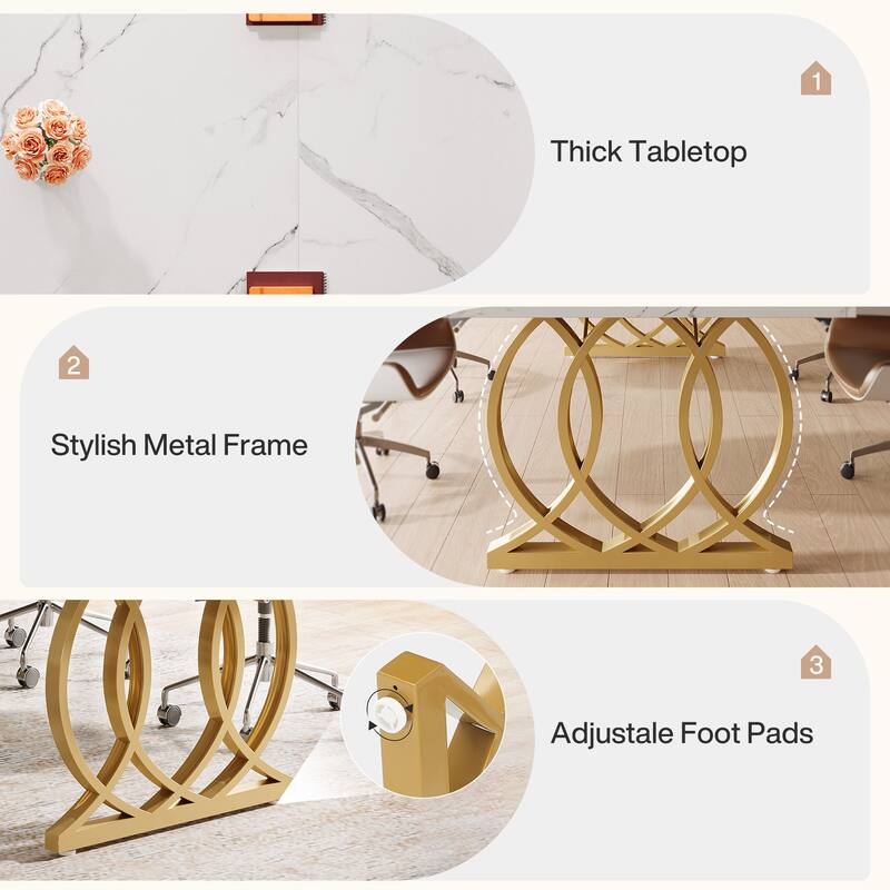 5FT Conference Table, Modern Meeting Table with Gold Metal Farme, White and Gold - 63" L x 31.5" W x 29.5" H