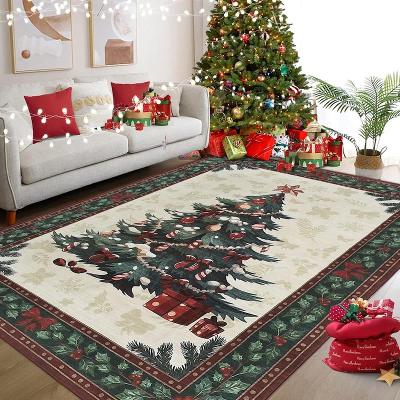 Washable Non-Slip Soft Low Pile Christmas Tree Area Rug - 1'6" x 2'6" - Green 3*5ft