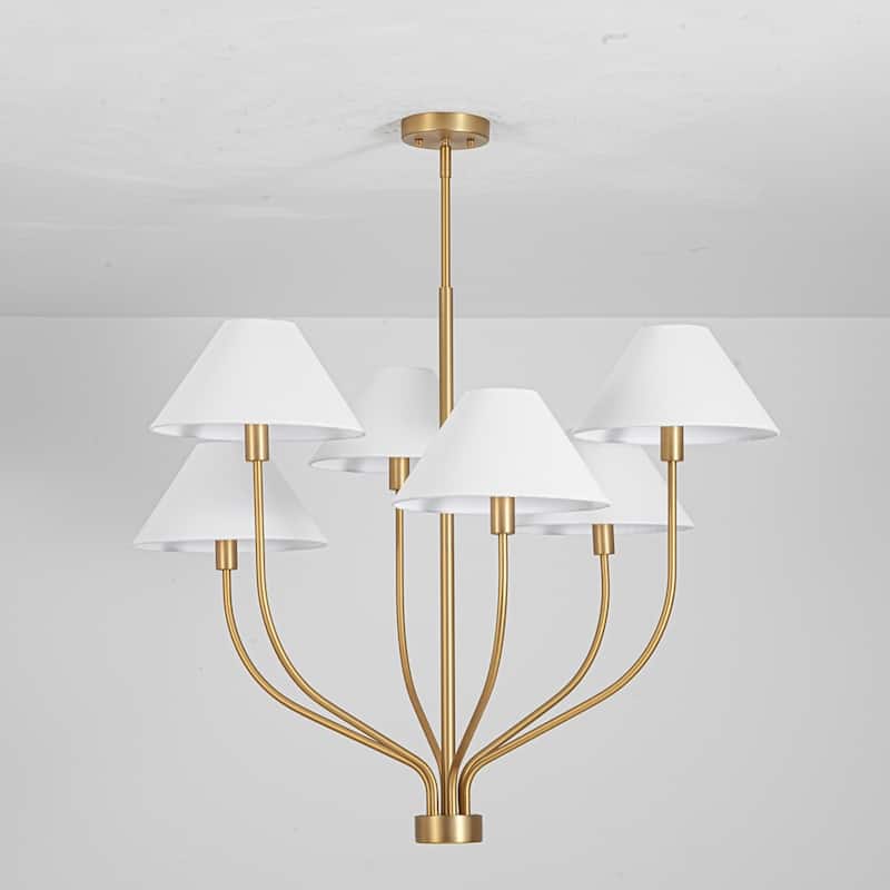 6-Light Modern Gold/Matte Black Sputnik Staggered Large Chandelier with Cone White Fabric Shade