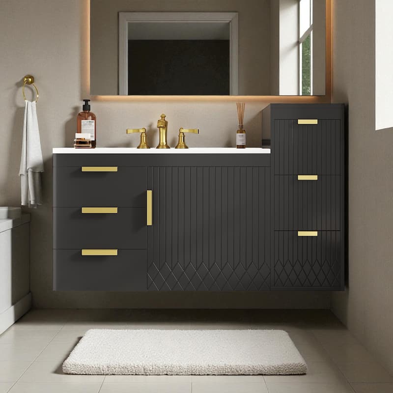 12" Wall Mounted Floating Bathroom Side Cabinet with Drawers, Modern MDF Storage Cabinet with L-Shape Handles