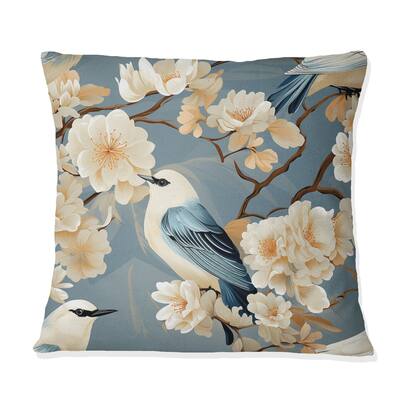 Designart "Beige And Blue Bird Flower II" Floral Printed Throw Pillow