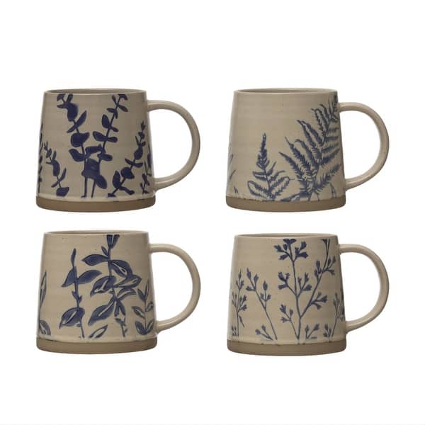 Hand Stamped Stoneware Mug with Wax Relief Botanical Design - 5.5"L x 4.0"W x 3.9"H