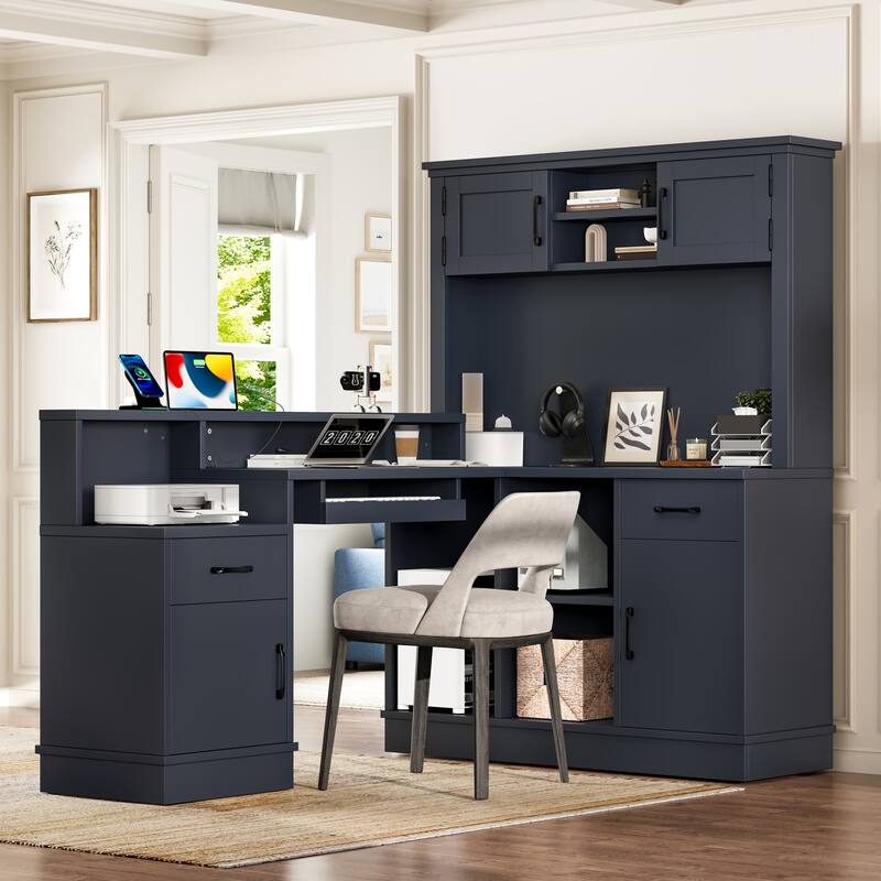 L-Shaped Computer Desk with outlet, Drawers, Bookshelf, Modern Corner Desk, L-Shaped Study Table Writing Desk - Blue