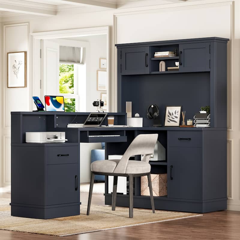 L-Shaped Corner Desk with Outlet, Drawers & Bookshelf, Study Table, Writing Desk Gaming Computer Desk with Storage - Blue