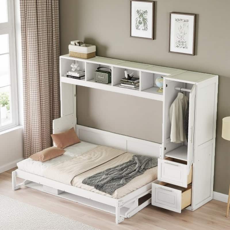 Full Size Murphy Wall Bed with Integrated Closet, Drawers, and Under-Bed Storage Shelf, Space-Saving - White