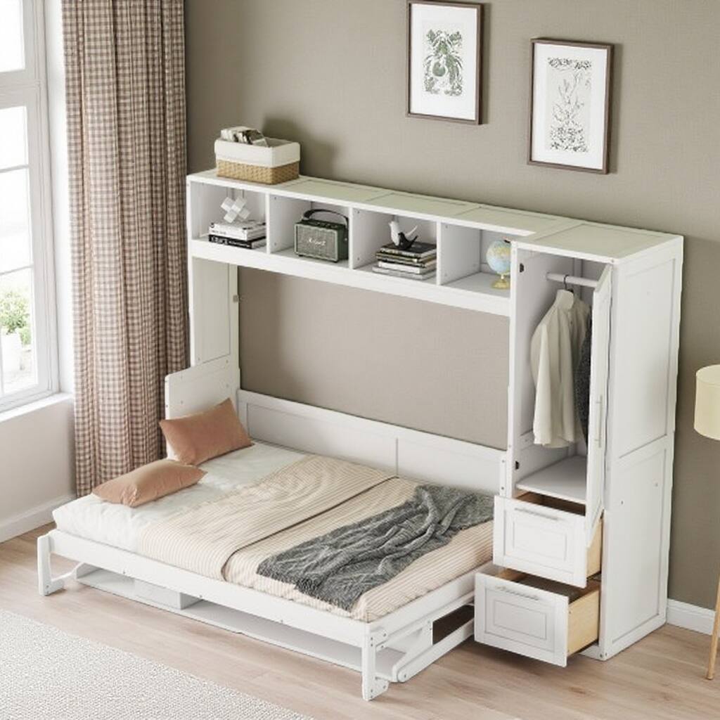 Full Size Murphy Wall Bed with Integrated Closet, Drawers, and Under-Bed Storage Shelf, Space-Saving