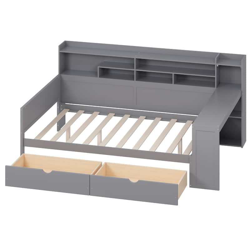 Full Size Wood Daybed with Storage Shelves,Two Drawers and Study Desk