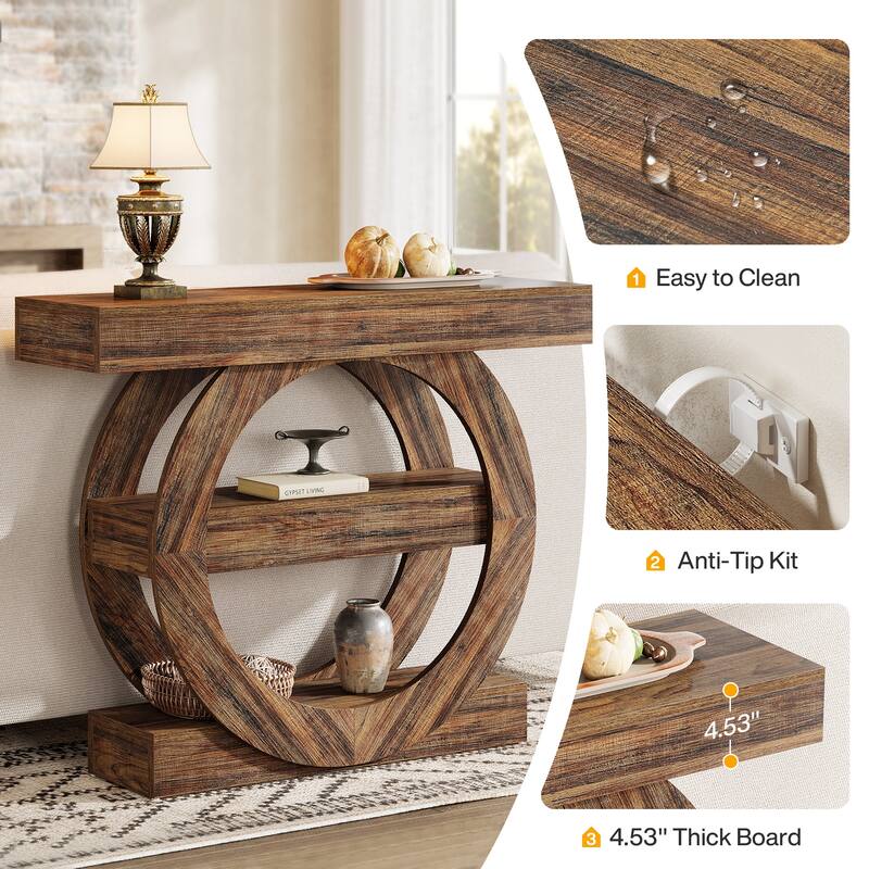 Industrial Brown 3-Tier Wood Console Table Sofa Tables for Entryway