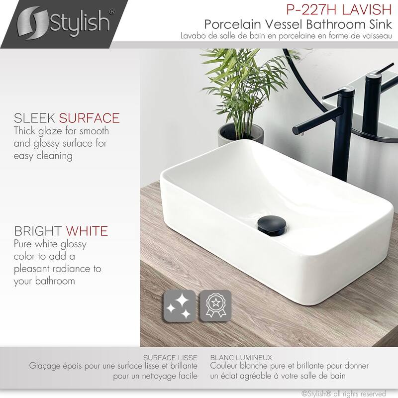 STYLISH Porcelain Rectangular 18-7/8-inches Vessel Ceramic Bathroom Sink - 19" x 11 1/2" x 5"