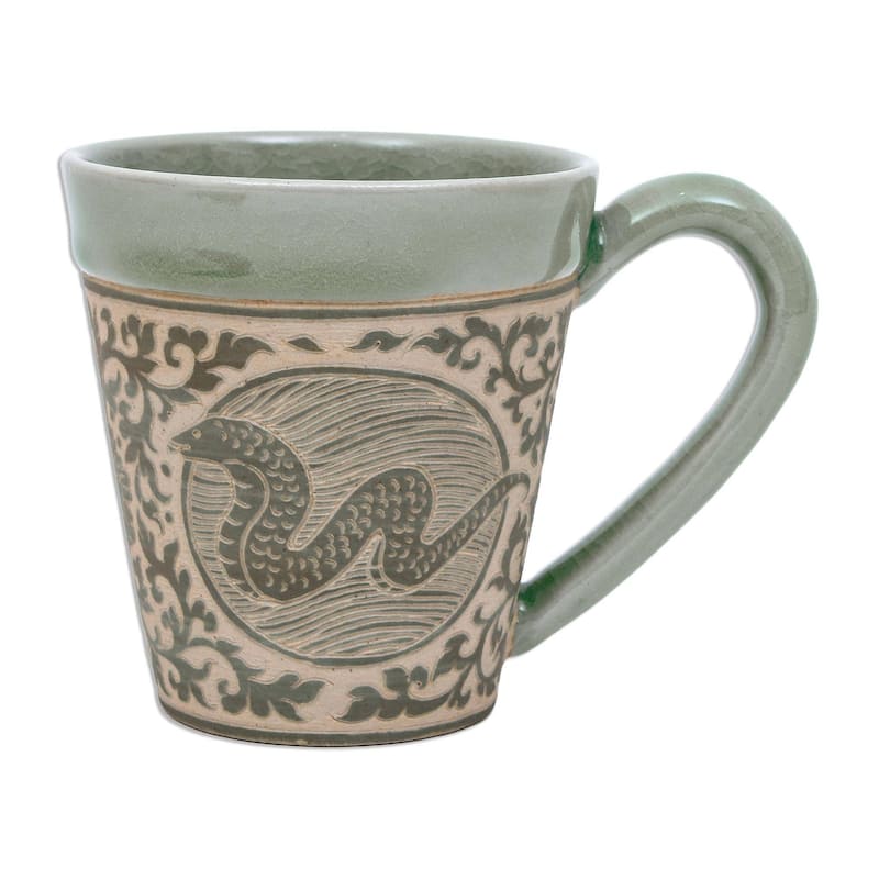Handmade Thai Zodiac Snake Celadon ceramic mug (Thailand)