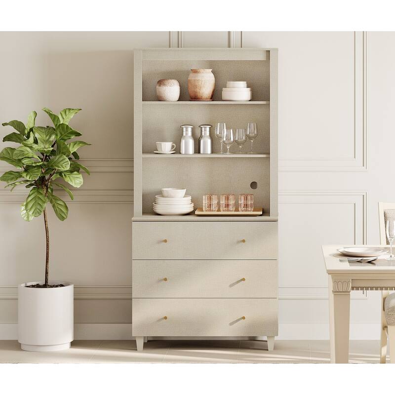 Modern 71" Tall Pantry Cabinet with Drawers & Adjustable Shelf for Kitchen - 3 Drawers - Beige Linen Printed