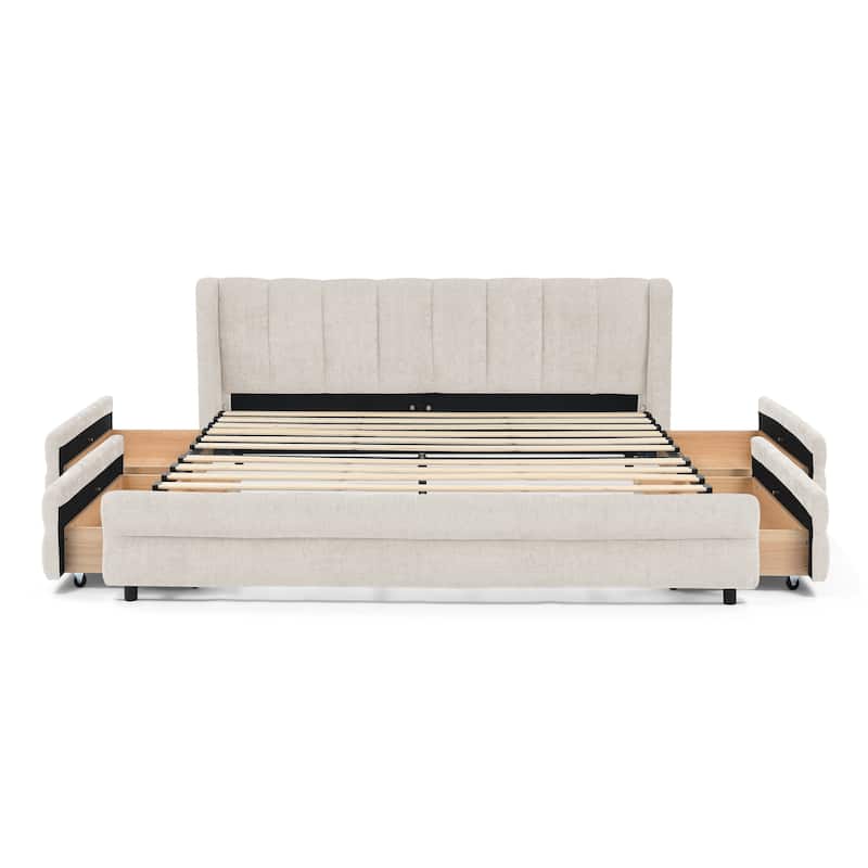 Thick Fabric Upholstered Bed Frame, Low Profile Storage Platform Bed with 4 Storage Drawers, Metal Legs and Wood Slat Support