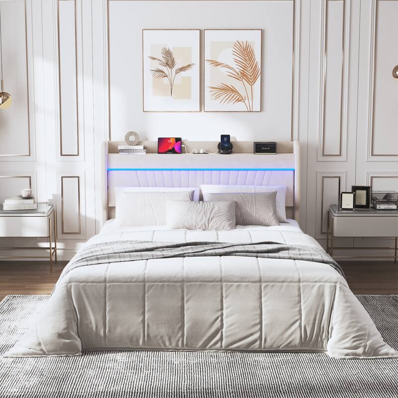 Queen bed Frame with Storage Upholstered Headboard and 4 Drawers, Velvet Upholstered Platform bed with LED Lights - Beige
