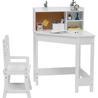 Kids Desk and Chair Set, Wooden Corner Study Table with Bookshelf
