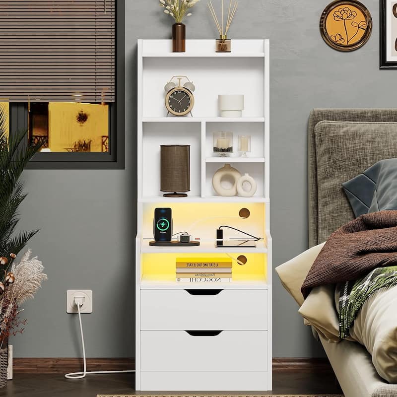 Nightstand with Bookshelf Tall Night Stand 2 Drawers - White