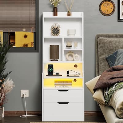 Nightstand with Bookshelf Tall Night Stand 2 Drawers