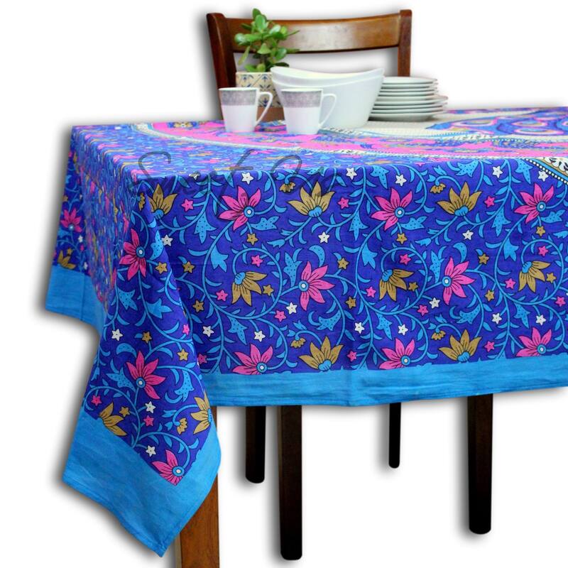 Cotton Floral Twin Peacock Tablecloth Indian BlockPrint Rectangle - 88 x 104 in - Royal Blue