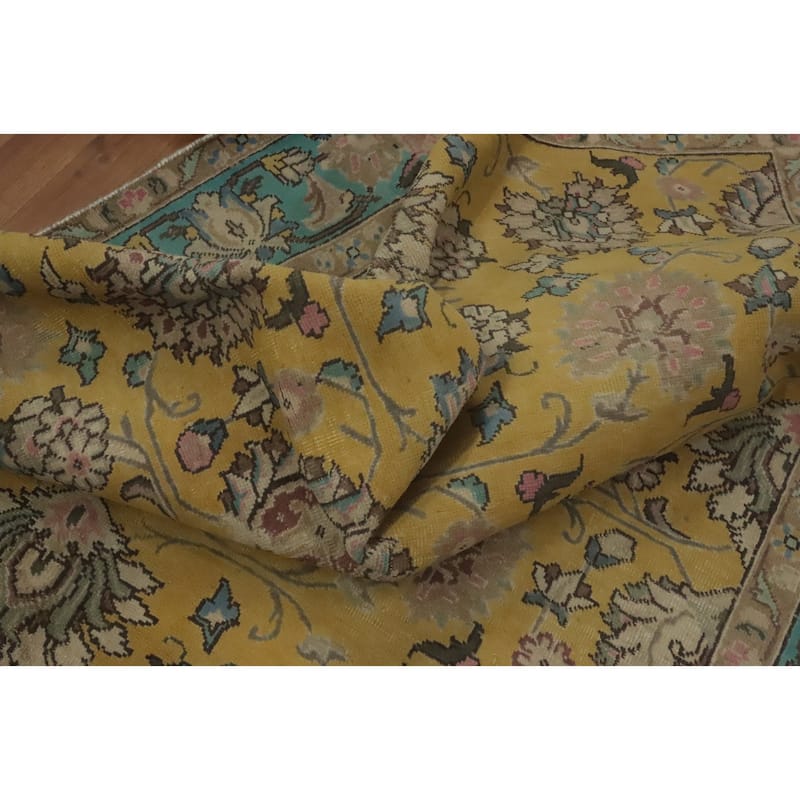 Hand Knotted Oriental 100% Wool Carpet Traditional Floral Yellow & Gold Tabriz Area Rug - 9' 0'' X 6' 4''
