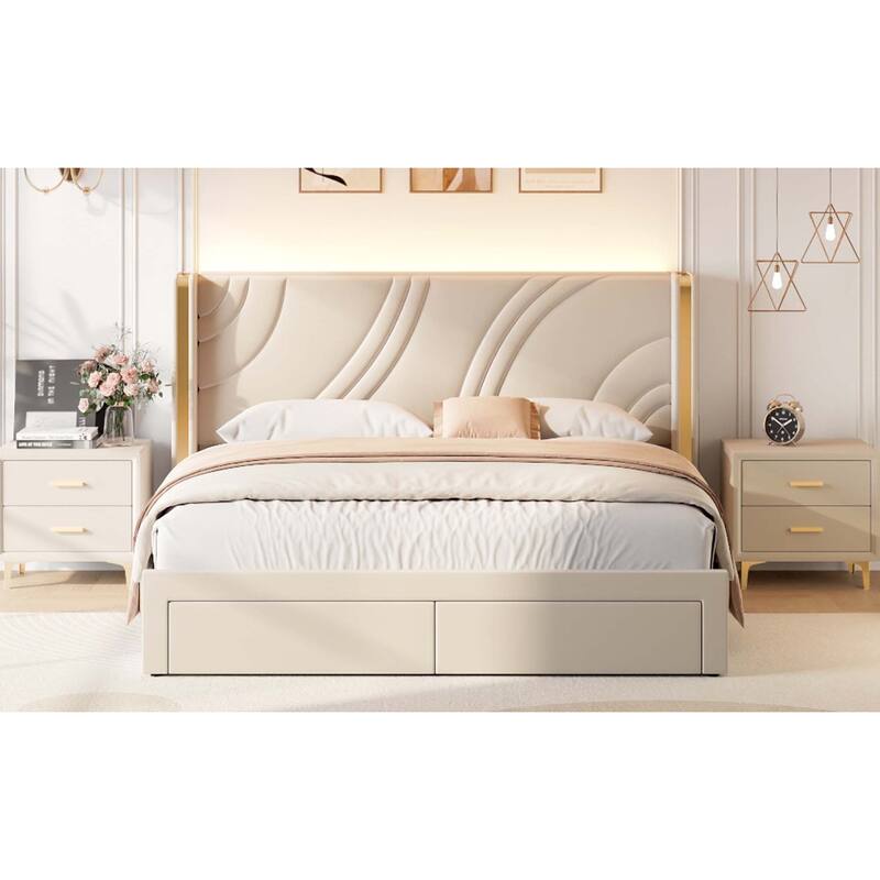 Modern Wingback Bed Frame with Storage Drawers RGB Light