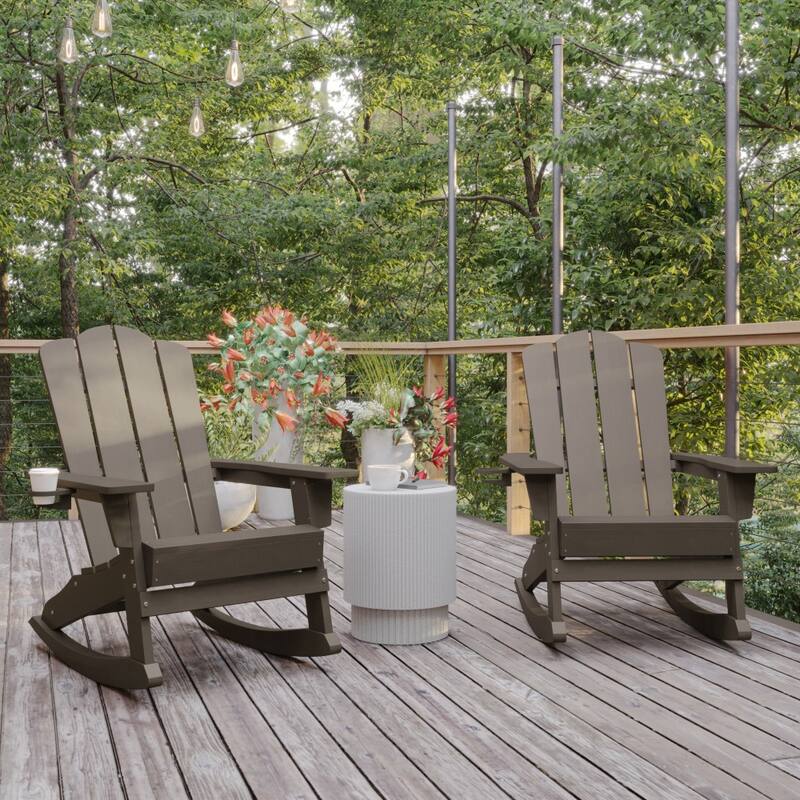 Commercial All-Weather Rocking Adirondack Chair with Swiveling Cupholder - Brown