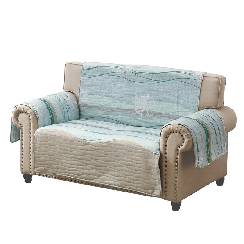 Niha 103 Inch Loveseat Cover with Ocean Wave Print and Quilting, Multicolor