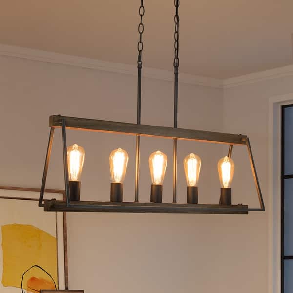 slide 2 of 10, Modern Farmhouse 5-Light 30.5" Chandelier Faux Wood Rustic Kitchen Island Lights - L30.7 *W10.2" *H21.6"