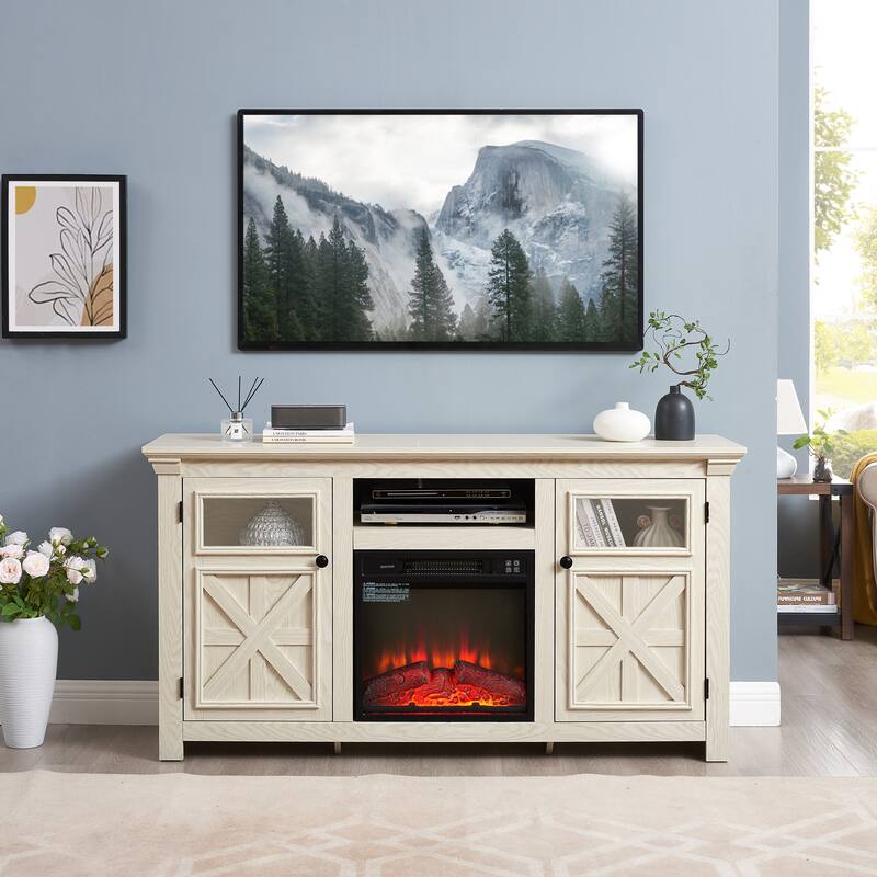 Fireplace TV Stand Media Console 2 Doors Cabinet with 18" Fireplace