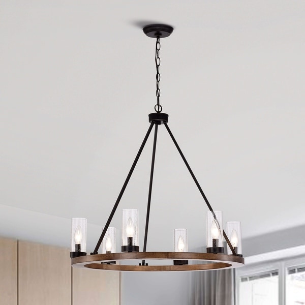 Daniela natural wood and antique black metal bubble glass chandelier top
