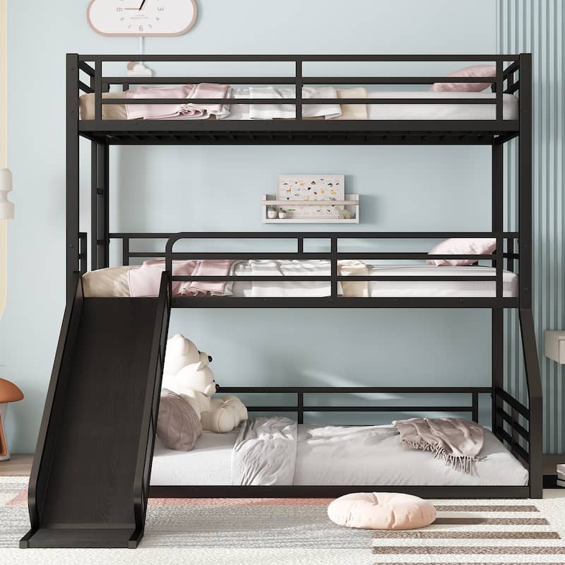 GDFStudio - Rock Triple Bunk Bed with Slide, Guardrails, Durable Noise-Free Frame - Black + Twin/Twin/Full