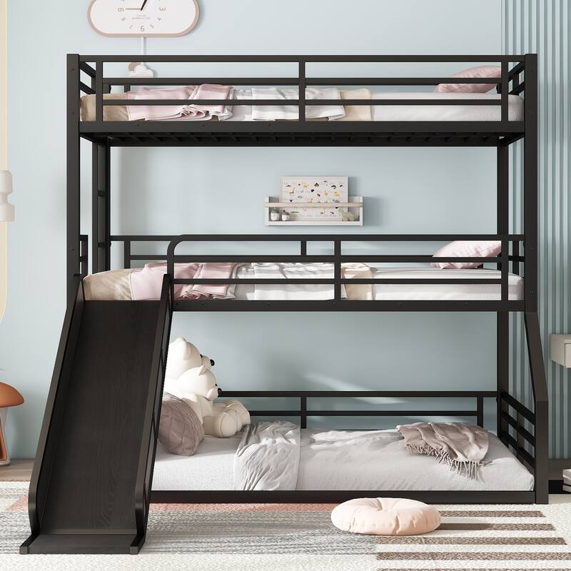 Twin over Twin over Full Bunk Bed with Slide, Metal Triple Bunk Bed with Safety Guardrails, Noise-reduced Design - Black