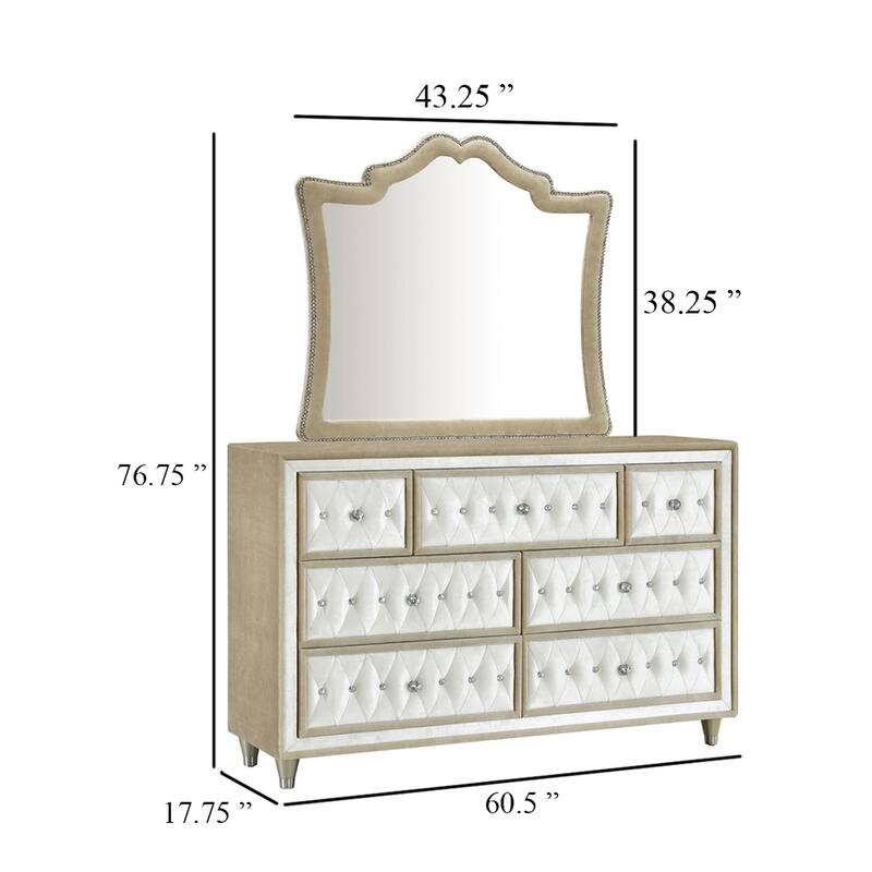 Lino Wide Dresser with Rivet Trim Mirror, Ivory Button Tufted Velvet