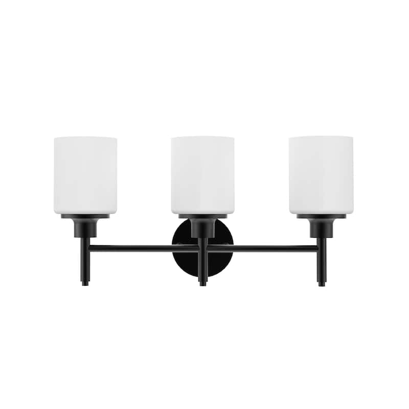 21 in. 3-Light Matte Black Finish Vanity Light with White Glass Shades - 21.6 in. L x 6.75 in. W x 10.6 in. H