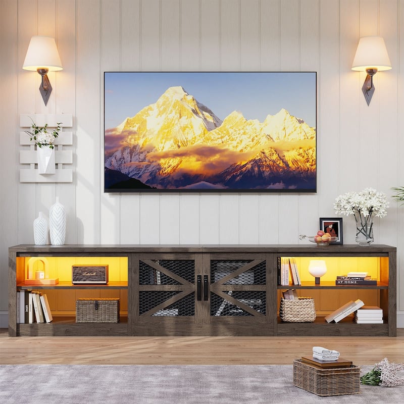 Gymojoy 78.7" Farmhouse TV Stand with LED Lights, Rustic Entertainment Center for 55-90" TV, Wood Media Console. - 78"W.