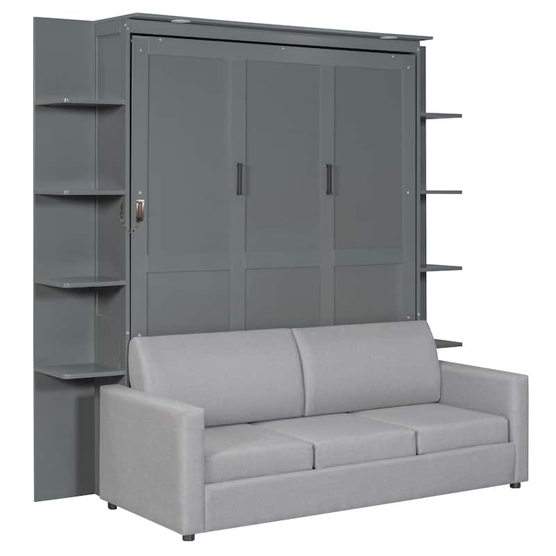 Space-Saving Queen Size Murphy Wall Bed with Sofa and Storage Shelves, LED Lights, and Foldable Cushions