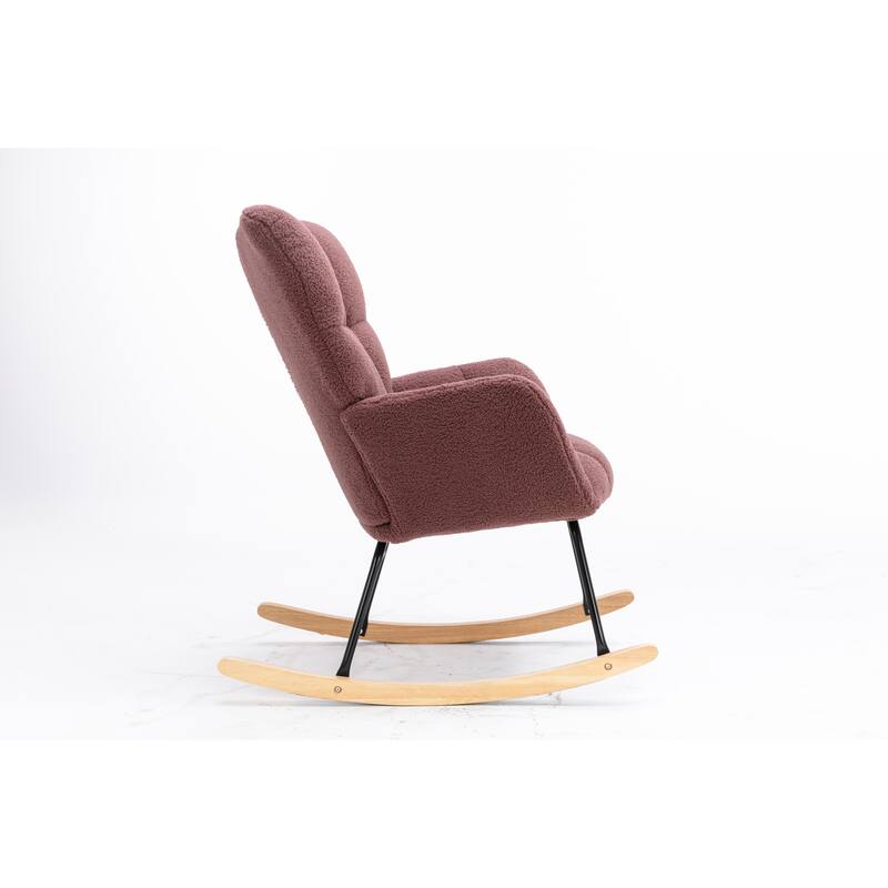 Teddy Fabric Upholstered Glider Rocker, Reading Chair with Thick Padded Seat, High Backrest Armchair with Wooden Legs