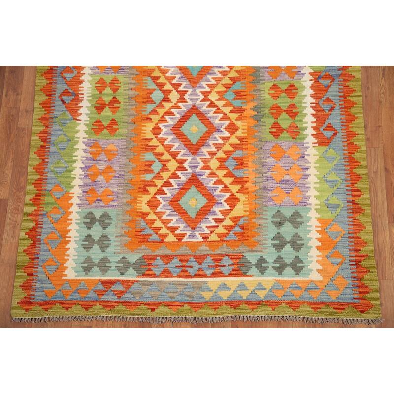 Hand Woven Oriental 100% Wool Carpet Southwestern Geometric Multi-Colored Kilim Area Rug - 6' 8'' X 5' 0''
