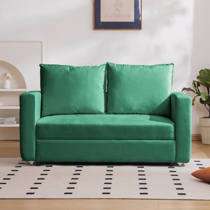62.5" Fabric 2-Seater Sleeper Sofa with Split Armrest (800lb Capacity) - Green