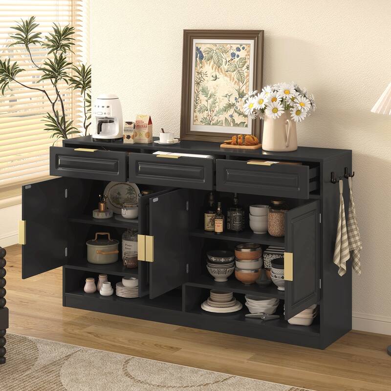 Farmhouse Sideboard with 3 Drawers & 4 Doors - Black