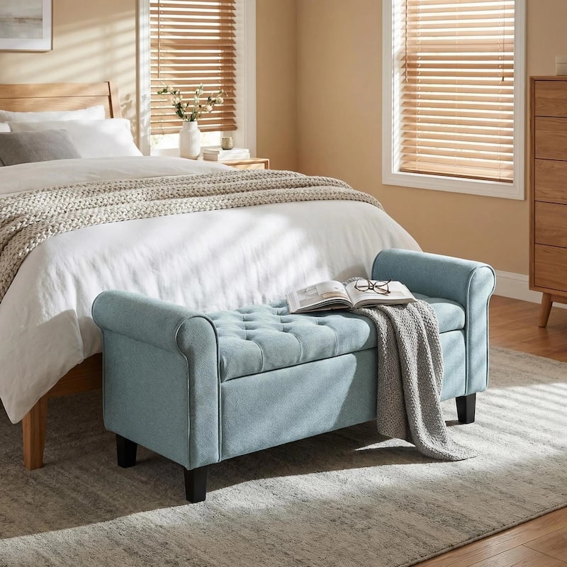 Christopher Knight Home - Keiko Contemporary Rolled Arm Fabric Storage Ottoman Bench - Light Blue