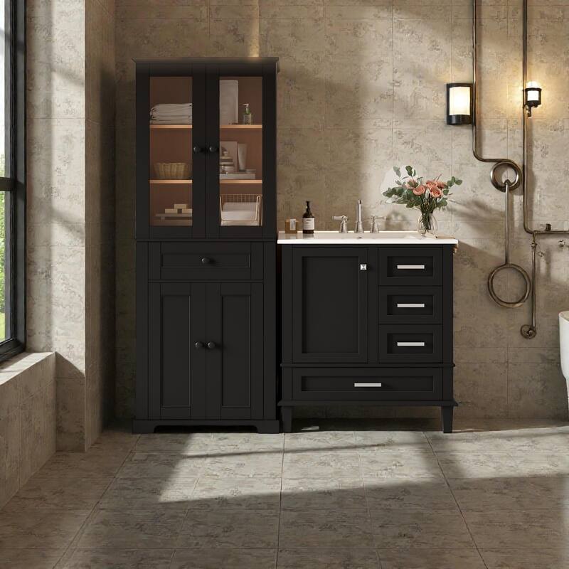 67.57" Tall Bathroom Storage Cabinet and 30" Bathroom Vanity with Sink Combo, Modern Freestanding Cabinet Set with Glass Doors