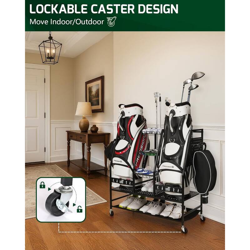 2 Golf Bag Stand Rolling Storage Rack for Clubs Shoes and Accessories
