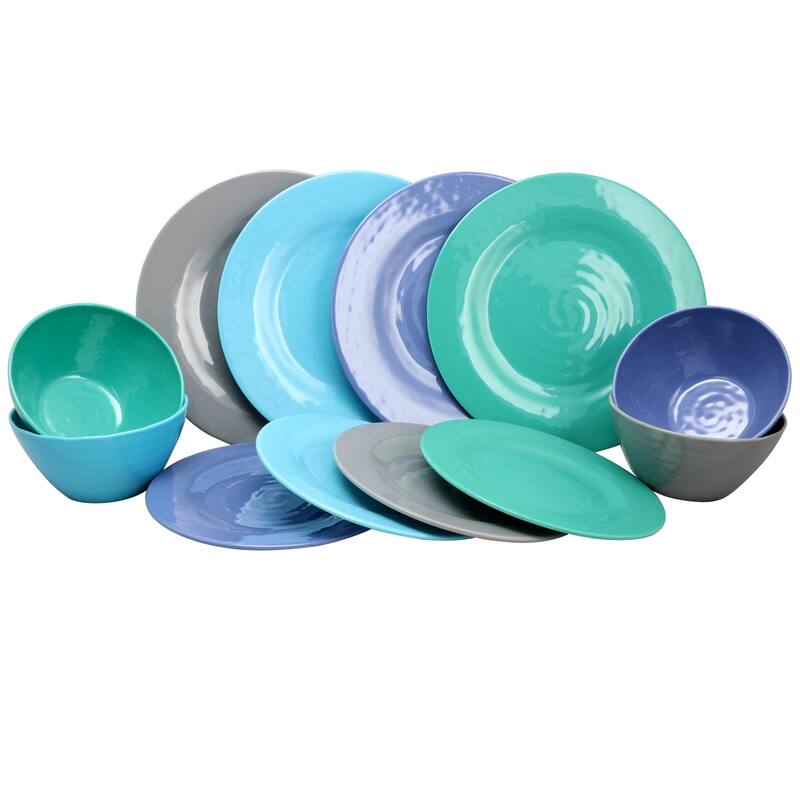Yecla 12 Piece Melamine Dinnerware Set in Assorted Blues