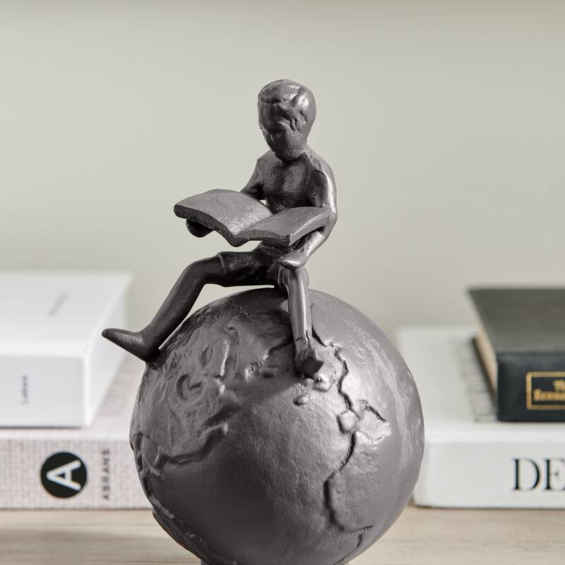 Brown Cast Iron Boy Reading on Globe Sculpture - Tabletop Desk Ornament or Decorative Paperweight