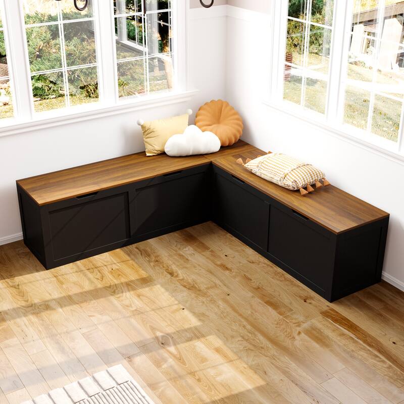 Corner Entryway Bench w/Hidden Storage White Oak Finish Shoe Cabinet - Black